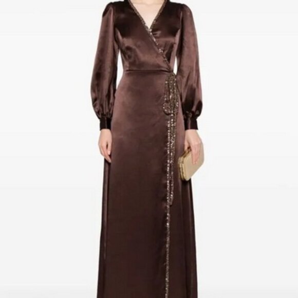 brown sequin wrap dress Brown sequin mini dress with draping detail and scarf main image 1